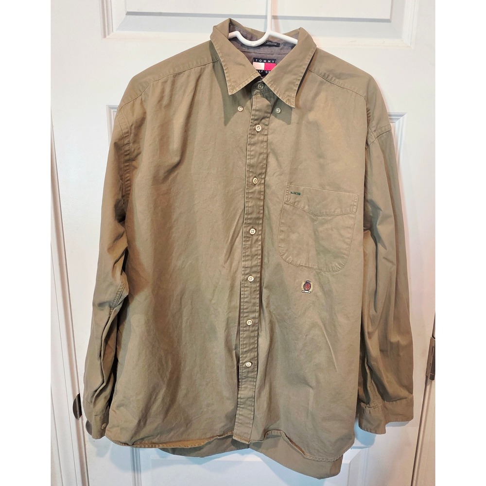 Tommy Hilfiger Shirt Mens L Tan Cotton Vintage Preppy Crest Logo Button Down